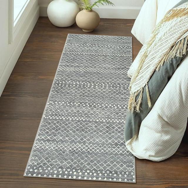 OJIA Washable Rug Runner 2'x6', Moroccan Kitchen Rugs Non-Slip Hallway Runner Rug Soft Thin Grey Rug Bathroom Runner Entryway Rug Geometric Floor Carpet for Bedroom Laundry Living Room