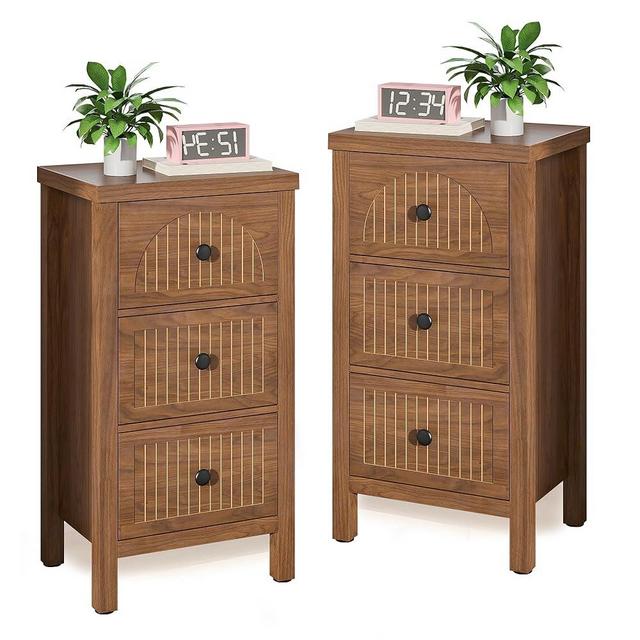 Nightstands Set of 2 Side Table with Fluted Drawers,Mid Century Modern Nightstand,29.33‘’ Tall Wood Bedside Tables with 3 Drawer,Narrow Bed Side Table for Bedroom,Small Space,Walnut, 2 Piece