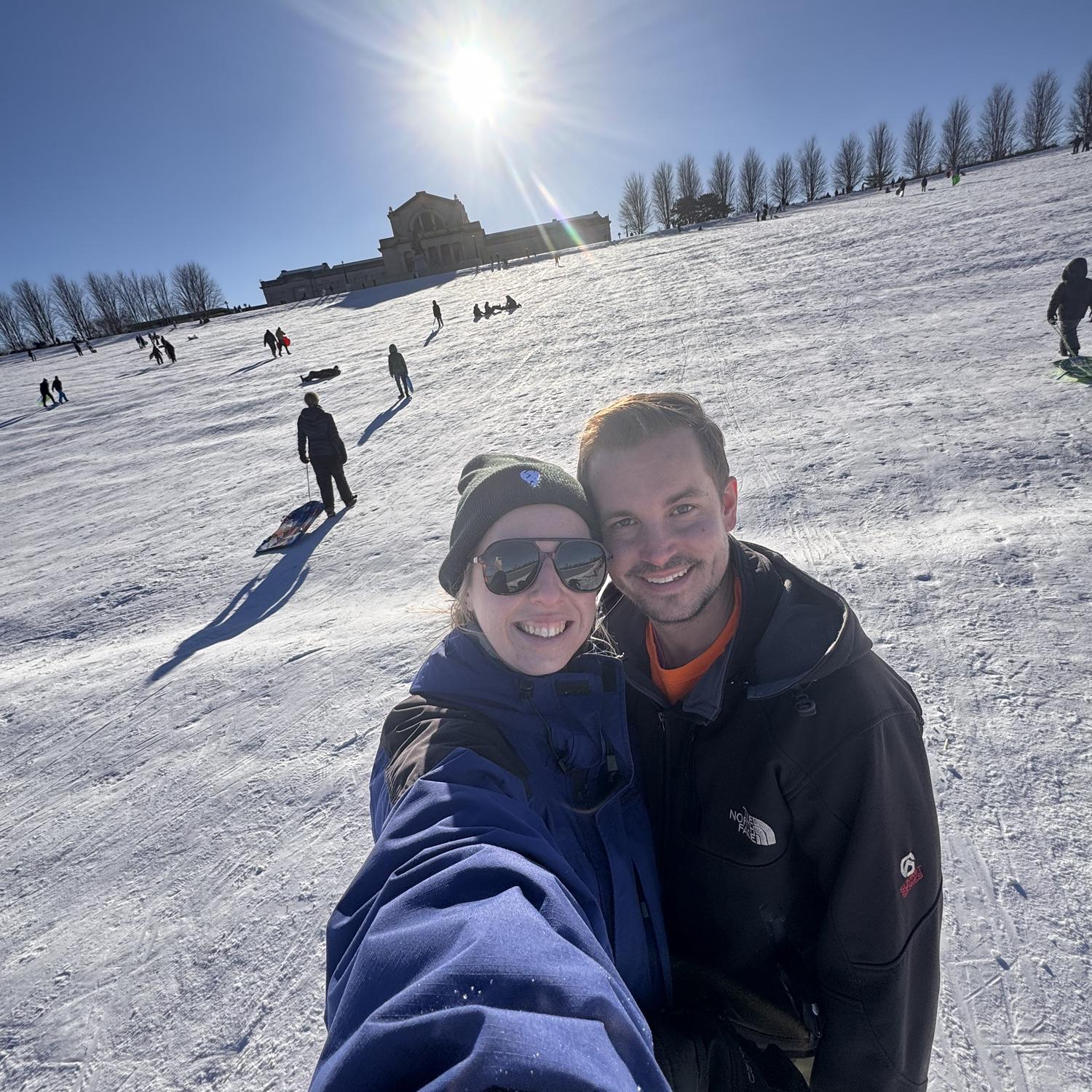 Payton’s first STL snow—sledding down Art Hill