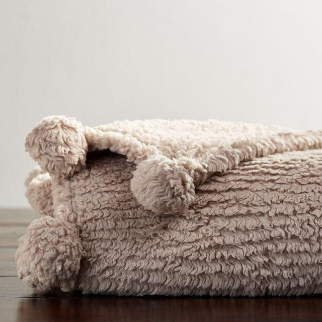 Cozy Pom Pom Throw, 50 x 60", Light Khaki