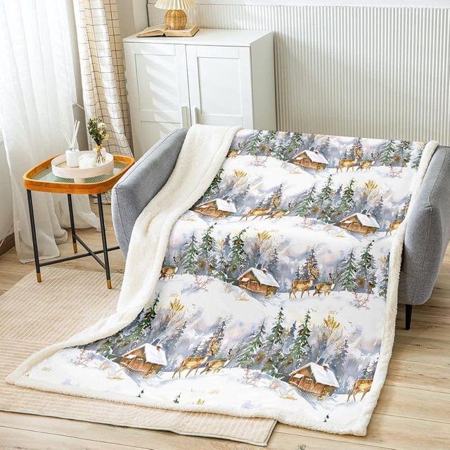 Elk Printed Sherpa Blanket Wild Animal Pattern Fleece Throw Blanket for Sofa Couch Christmas Theme Plush Blanket Winter Nature Tree Deer Room Decor Throw 50"x60"