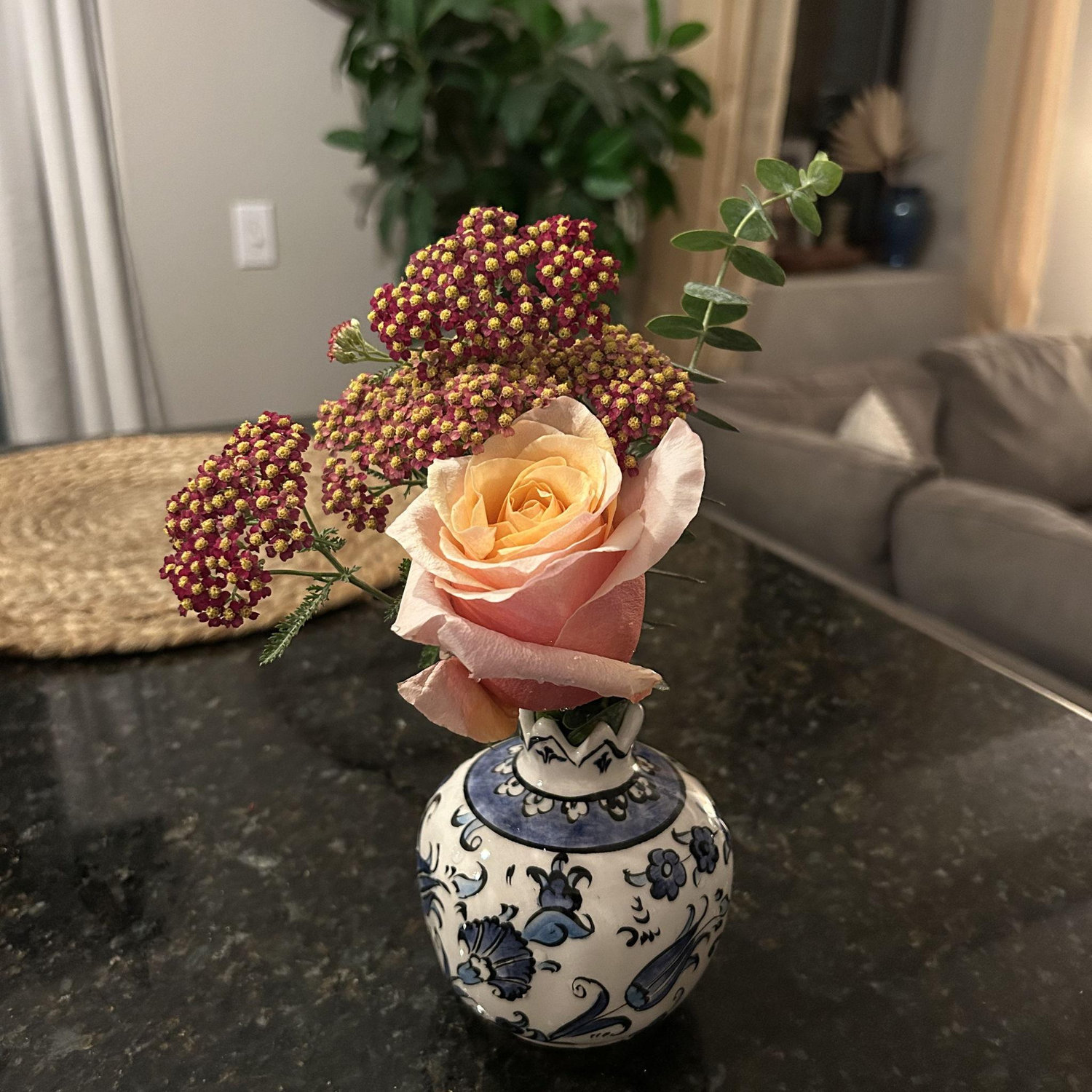 The flowers Jacob brought Sarah on their first date. She put them in a vase from Turkiye (where their love started to bloom). Jacob has brought Sarah many flowers since.
