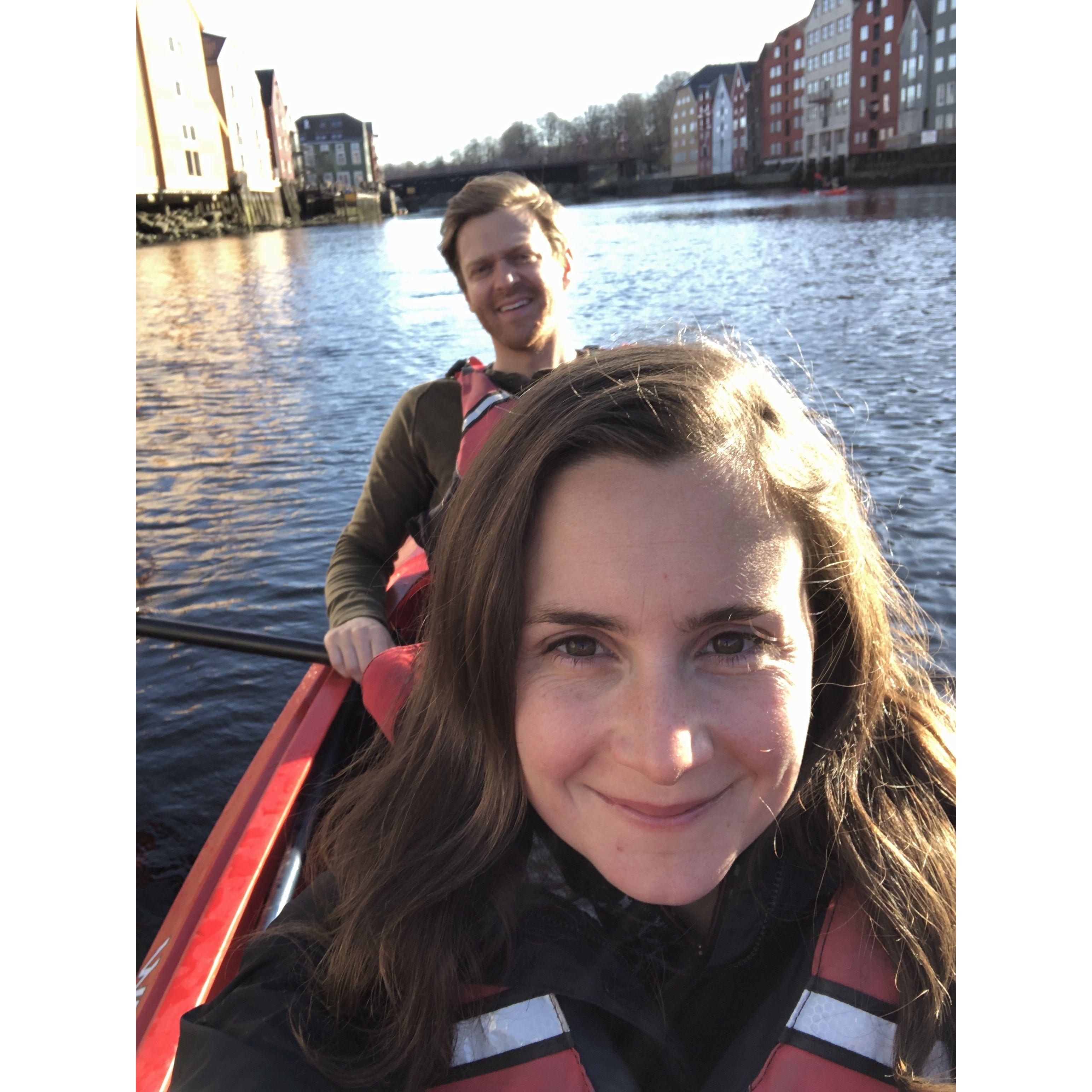 Kayaking in Trondheim, Norway while visiting Emily, Hanna, Halvor, and Dag, 2019