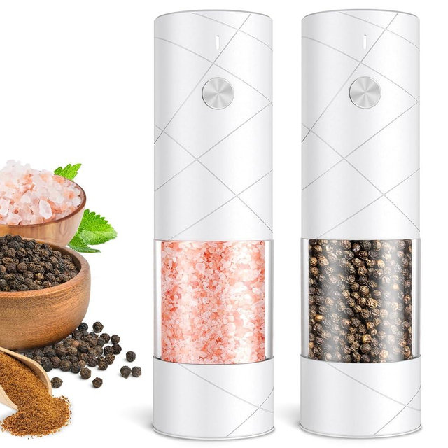 Electric Salt and Pepper Grinder Set, Rechargeable Automatic Pepper Mill Grinder with LED Light, House Warming Gifts New Home, One-Hand Operation for Kitchen Appliances(2 Pack Upgrade White)