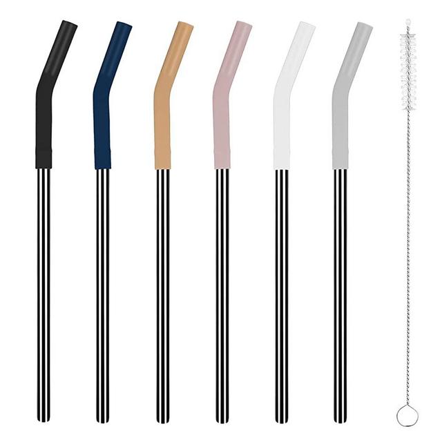 Tronco Set of 6 Stainless Steel Reusable Metal Straws with Silicone Flex Tips Elbows Cover, Metal Drinking Straws for Tronco Tumbler , 6 Steel Straws,6 Silicone Tips,1 Straw Cleaning Brush（Back)