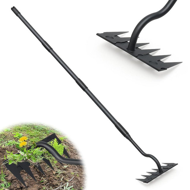 Manual Weeder Tool,6 Tines Garden Weeding Rake with Sharp Blade,55 Inch Long Handle,Heavy Duty Stand Weeding Tool for Weeding Loosening Soil Gathering Leaf Leveling Thatch Rake