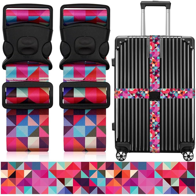 2 Pack Luggage Straps for Suitcases, Adjustable Travel Belt with Double Lock and Quick Release Buckle, Heavy Duty Nylon Bag Packing Strap, Bright Identifiers Business Travel Accessories-Colorful Block