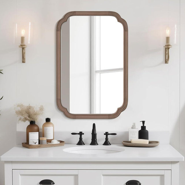 WallBeyond 20" x 30" Rounded Corner Arch Wall Mirror with Wood Frame for Entryway, Living Room or Bedroom Home Decor - Light Woodgrain [20" x 30" Walnut]