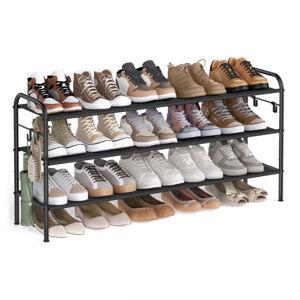 SONGMICS Shoe Rack, 3 Tier Shoe Organizer, Fabric Shoe Shelf Storage with 4 Hooks, Holds up to 18 Pairs of Shoes, Height-Adjustable Shoe Rack