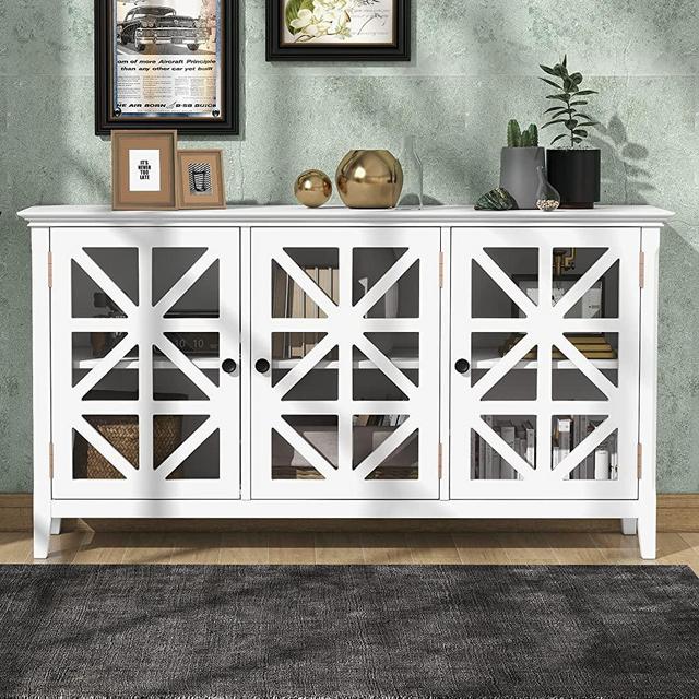NCKMYB Large Accent Cabinet Sideboard with 3 Transparent Doors, 62'' Buffet Table Storage Cabinet, Coffee Bar Cabinet Cupboard for Kitchen, Living Room, Entryway (White)