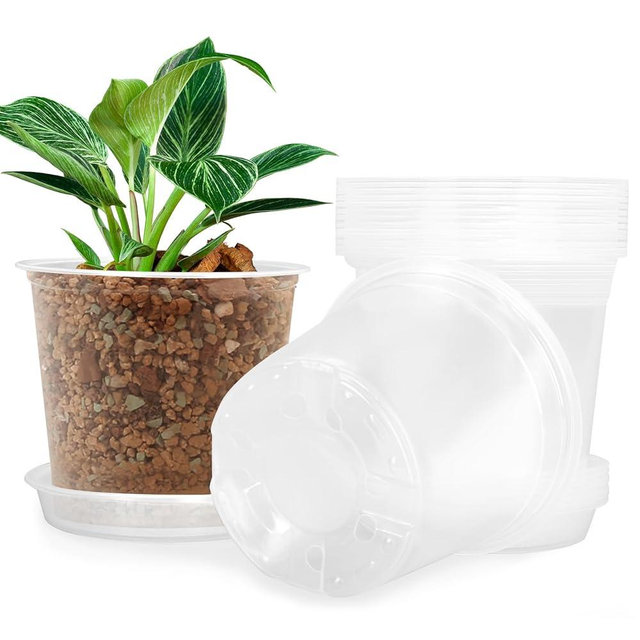 FUIJOL 7 Inch Clear Nursery Pots for Plants with Sacuers 15 Pack, Plastic Flower Pots with Drainage Holes, Variety Pack Seedlings Garden Pot for Indoor Outdoor (7 inch)