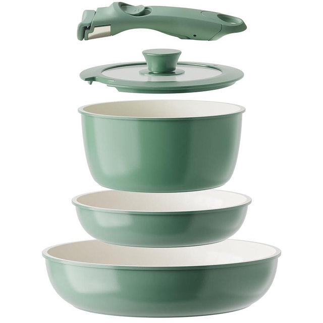 Redchef Ceramic Cookware Set, Removable Handle Pots And Pans Non Stick, Rv Cookware Set, Non Toxic Pots And Pans Set No PFAS & PTFE & PFOA, Detachable Pots And Pans, Dishwasher & Oven Safe (Green)