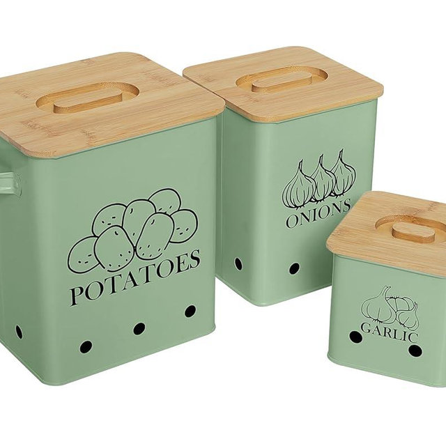 Kitchen Canisters Set, Storage Bin for Potato Onion & Garlic, 3 Pack Set Countertop Pots Containers with Wooden Lid - Potato Storage, Garlic Bin, Onion Keeper Tin with Aerating Holes-Green