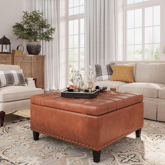 FiveWillowise Square Leather Ottoman with Storage, Leather Coffee Table Ottoman with Lift Top, Large Upholstered Footrest Stool Toy Box Storage for Livingroom Bedroom, Brown