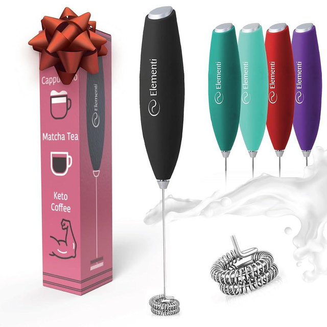 Elementi Milk Frother Wand - Easy to Use Handheld Electric Stirrer for Powder Drinks, Durable & Powerful Coffee Whisk & Protein Powder Mixer Wand, Hand Frother, Coffee Stirrers Electric Mini (Black)