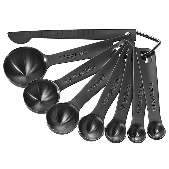 Black Measuring Spoons Heavy Duty 18/8 Stainless Steel Measuring Set of 8 with Leveler includes: 1/8 tsp, 1/4 tsp, 1/2 tsp, 3/4 tsp, 1 tsp, 1/2 tbsp, 1 tbsp for Dry and Liquid Ingredients by Homestia