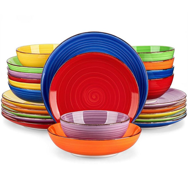 vancasso Bonita Muticolour Dinnerware Sets, 24 Pieces Stoneware Dinner Set for 6, Handpainted Spirals Pattern Ceramic Plates and Bowls Sets Kitchen Plate Set