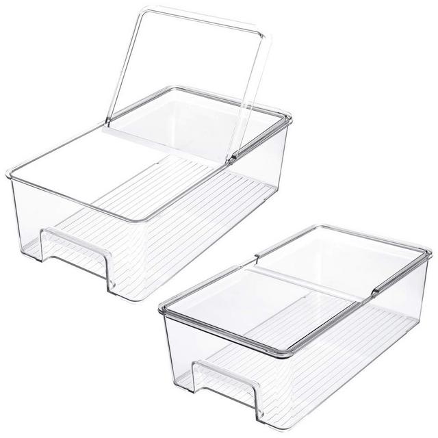 Refrigerator Organizer Bins with lids Large Stackable Fridge Clear Organizers Kitchen Cabinet Organizer for Freezer, Kitchen, Countertops, Cabinets - Clear Plastic Pantry Storage Rack，set of 2