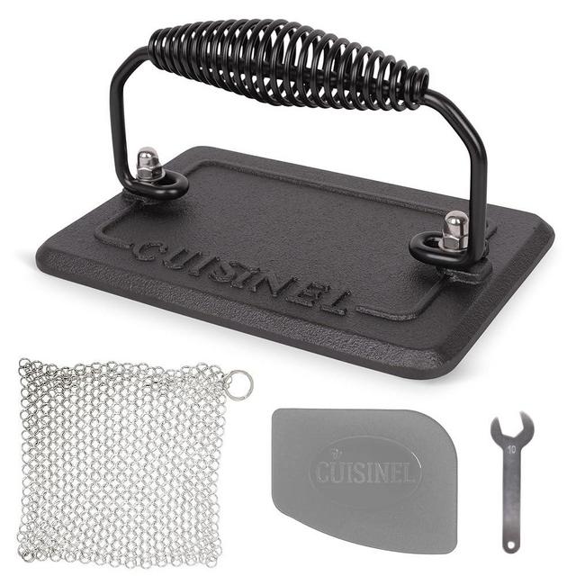 Cuisinel Cast Iron Grill Press + Chainmail Scrubber + Pan Scraper - Burger Press for Bacon, Steak, Sandwich & Hamburgers - 6.75x4.5 Rectangular Pre-Seasoned 2.8-lb Weight - Griddle BBQ Grill Accessory