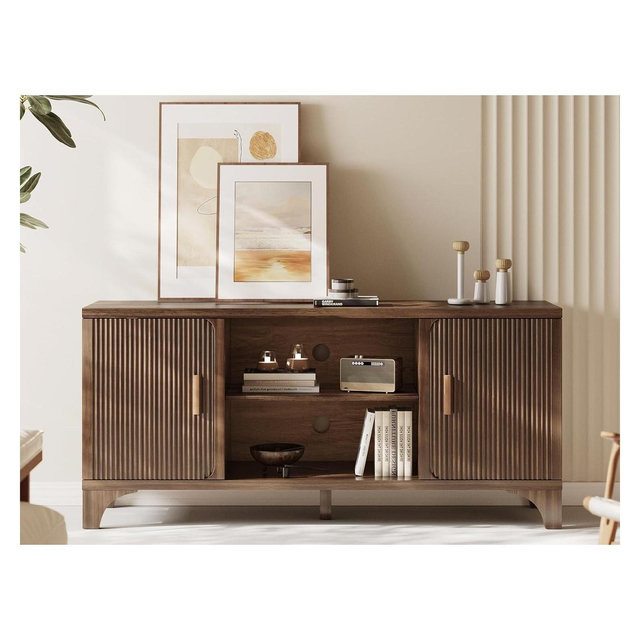 SUGIFT Mid Century Modern TV Stand for 55–65 Inch TVs – Fluted Door Entertainment Center with Storage Cabinets, Wood Media Console