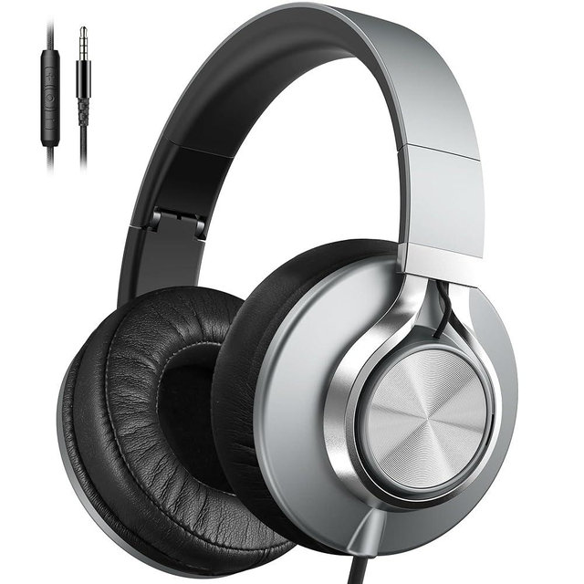 AILIHEN Wired Headphones with Microphone, Over-Ear Foldable Corded Headphones with Volume Control 3.5mm Jack for Teens Adult Kids Smartphones Chromebook (Grey)