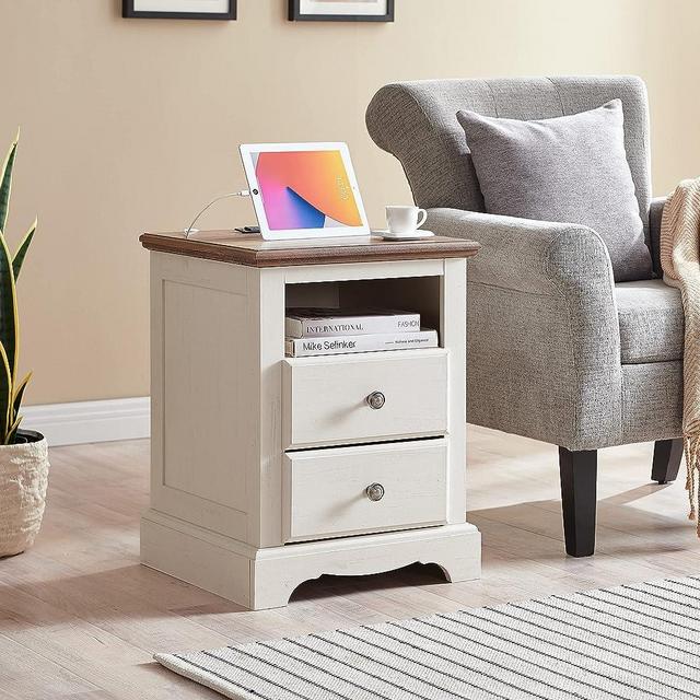 T4TREAM Vintage White Nightstand with Charging Station, End Table with Storage, with Open Shelf and 2 Drawer，Electrical Outlets & USB Ports, Antique White