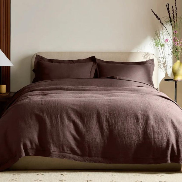 European Linen Double Flange Duvet Cover Set in Espresso - King
