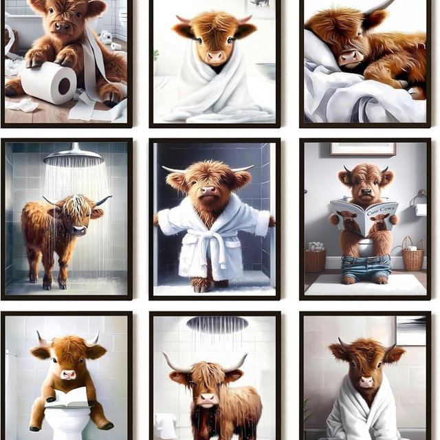 SEHSUVC Bathroom Cow Posters Wall Art Set of 9, Highland Cow Canvas Prints Pictures, Vintage Funny Art Animal Restroom Wall Decor for Bathroom Farmhouse Kids Bathroom Decoration 8x10In Unframed