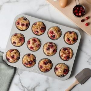 Martha Stewart Gallen 12-Cup Nonstick Carbon Steel Muffin and Cupcake Pan – Cool Grey, Durable Bakeware for Even Baking and Easy Release