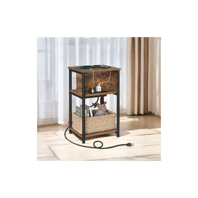 VASAGLE End Table with Charging Station, 3-Tier Side Table with USB Ports and Outlets Nightstand Rustic Brown and Black