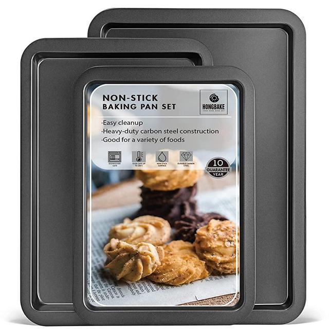 HONGBAKE Large Baking Sheet Set, Cookie Sheet Pan, Nonstick Oven Tray with Wider Grips, 3 Pack Bakeware, Dishwasher Safe - Dark Grey
