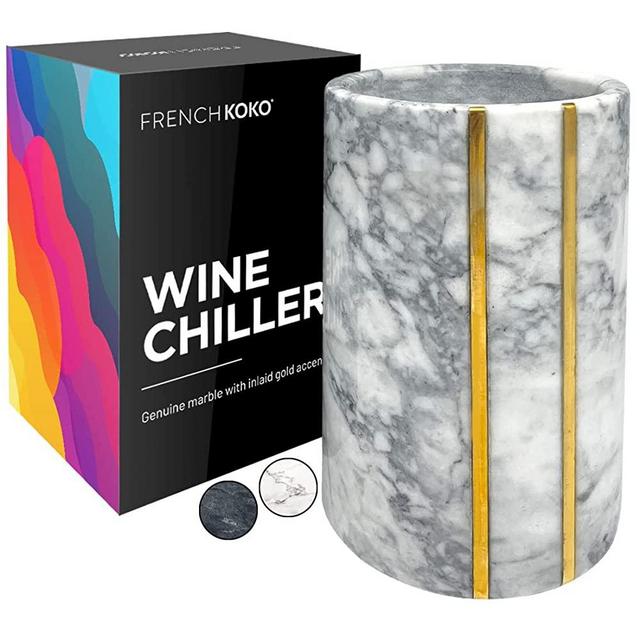 French KOKO Marble Stone Single Wine Chiller Bucket Champagne Chiller Bucket Gold Accent Marble Utensil Holder Wine Cooler Beverage Bottle Holder Bar Cart Accessories Gift Kitchen Decor Chillers White