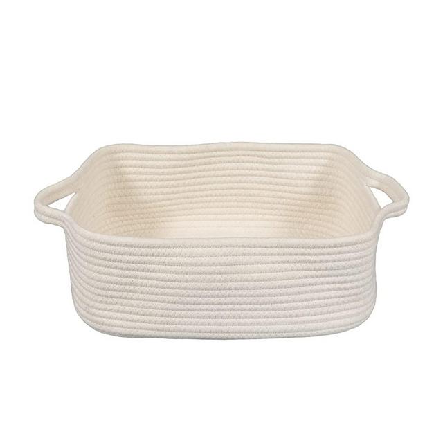 Woven Cotton Rope Storage Basket with Handles for Organizing Shelves Closet Small Cat Dog Pet Toy Basket Box Bin Decorative Rectangle Baby Nursery Basket Gift Basket Empty(White)