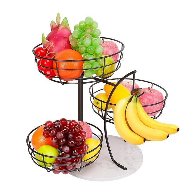 Livabber Fruit Basket Bowl with Banana Hanger, Metal Fruit Vegetable Storage Basket with Banana Holder for Kitchen Counter, Detachable Organizer for Bread Snack Produce (Black, 3-Tier Marble Base)