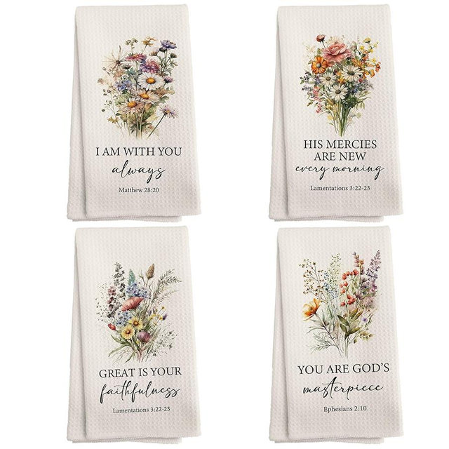 NOQL Christian Floral Kitchen Towels and Dishcloths Set of 4, Christian Religous Gifts for Women, Bible Verse Lamentations 3:23 Drying Cloth Hand Dish Tea Towels for Bathroom Kitchen, 16x24 Inches