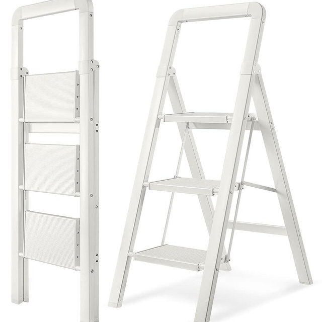 BIBKOKE Step Ladder Folding 3-Step White Finish Aluminum Foldable Step Ladders,Anti-Slip for Home & Kitchen Office 330 lbs