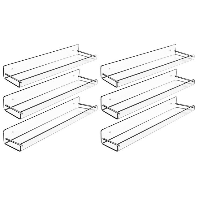 AMT 6 Pack Acrylic Floating Shelves, 15" L x 3.25" W, Clear Bathroom Wall Shelf, Bookshelves, Invisible Display for Office, Bedroom, Small Gap Allows Water to Escape, Free Screws & Drill Bit (Medium)