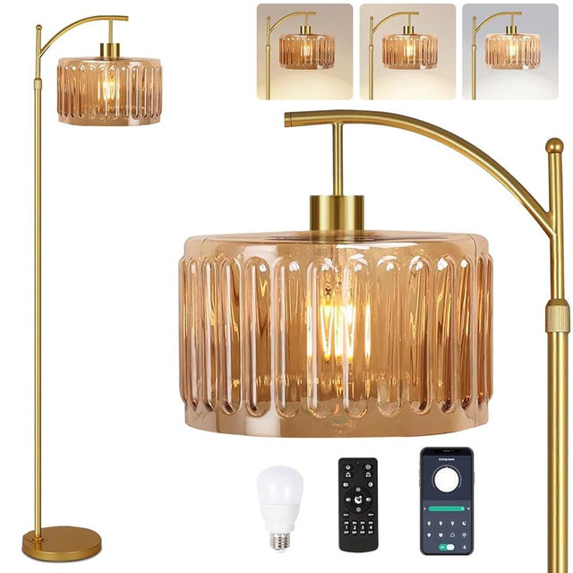 QIYIZM Glass Floor Lamp for Living Room,Bedroom,Gold Dimmable Standing Lamp with Remote,Mid Century Modern Brass Tall Lamp Boho Vintage Retro Floor Lamps Arc Amber Flower Floor Light Lamp Bohemian