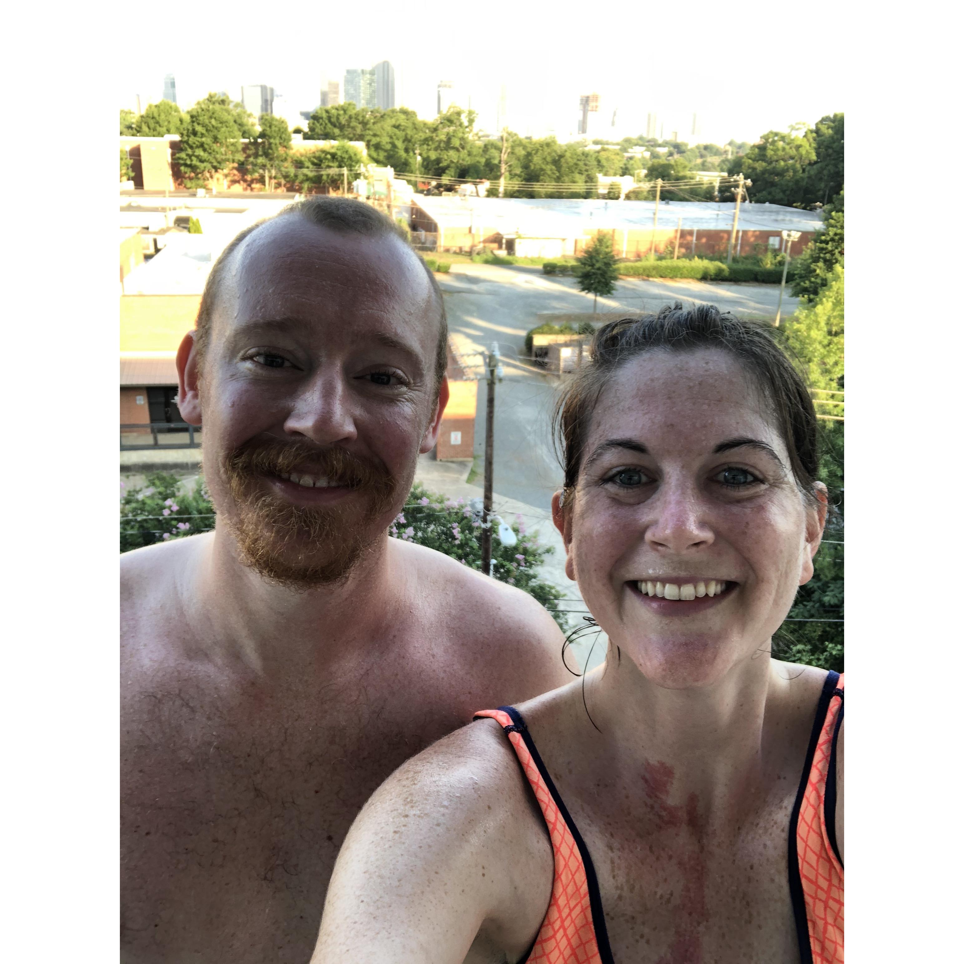 Celebratory photo after we did 108 days in a row of yoga classes with our favorite instructor, Travis Elliot!  What a challenge and it was special we did it together!