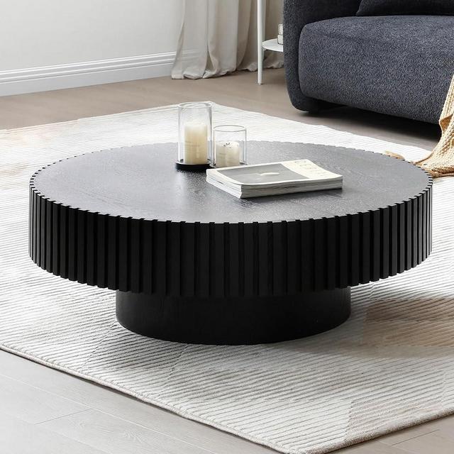 kevinplus 31.49'' Black Round Coffee Table Modern Wood Coffee Table for Living Room, Contemporary Circle Fluted Drum Coffee Table, Easy Assembly, Black (ø31.49'' x 13.77'')