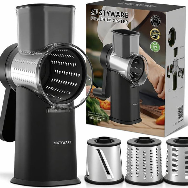 Zestyware Rotary Cheese Grater Hand Crank with Foldable Handle, 3 Stainless Steel Blades, Perfect Graters for Kitchen, Manual Cheese Shredder Hand Crank with Suction Base, Rotary Grader, (Black)