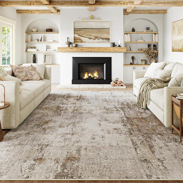 WondRg 8x10 Washable Area Rug Brown Grey Neutral Abstract Living Room Bedroom Large Throw Rug Non Slip Soft Low Pile Indoor Floor Carpet for Dining Room Kitchen Office Entryway