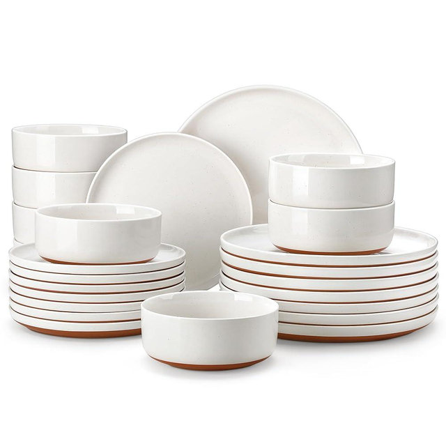 MALACASA Plates and Bowls Sets, 24 Pieces Modern Ceramic Dinnerware Set for 8 Kitchen Dinner Set Stoneware Dishware Dishes Set Microwave and Dishwasher Safe, White, Series TARA