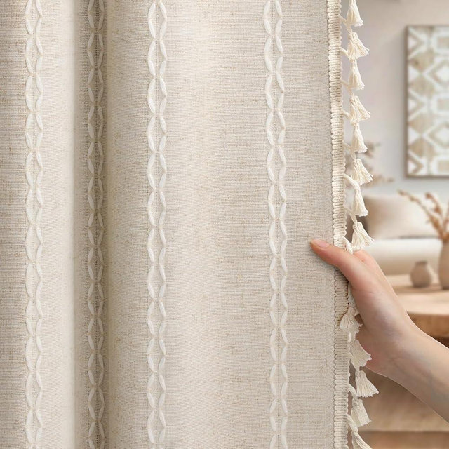 XOGUIBO Cream Boho Blackout Curtains 2 Panels 84 Inch for Living Room Bedroom, Beige Linen Texture Farmhouse Curtains with Tassels and Cotton Embroidery Vintage Rustic Western Rod Pocket