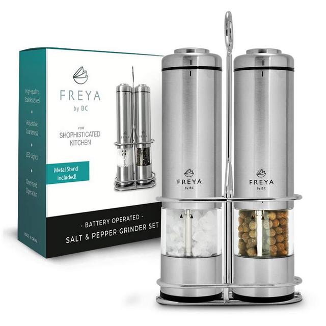 Electric Salt and Pepper Grinder Set - Battery Operated Grinder Set - Stainless Steel Pepper Shakers (2) - Tall Power Shakers with stand - Ceramic Grinder with led lights and Adjustable Coarseness