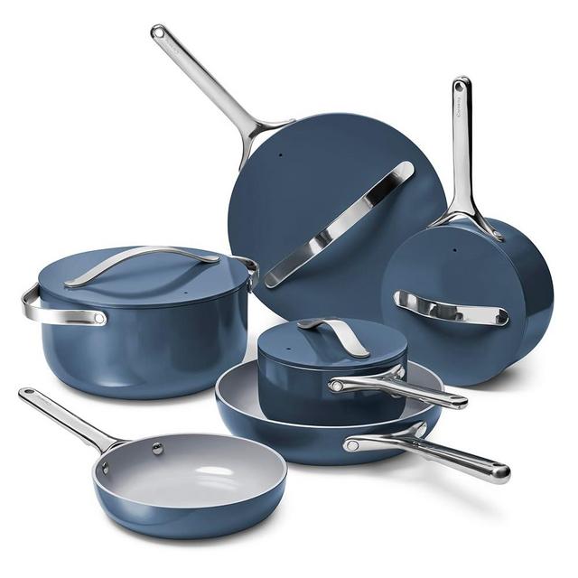 Caraway Deluxe Nonstick Ceramic Cookware Set (16 Piece) Pots, Frying Pans, Lids and Kitchen Storage - PFAS & PFOA Free - Oven Safe Ceramic Pan Set & Compatible with All Stovetops - Navy