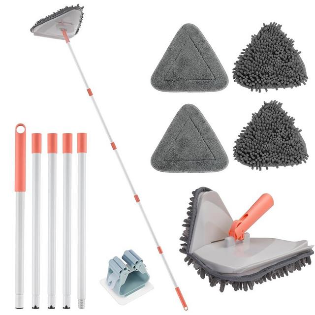 Wall Cleaner Triangle Mop with 82'' Long Handle - Wall Scrubber, Cleaning Washer Tool with 4 Microfiber Chenille Duster Pads for Clean Walls, Ceiling, Windows, Baseboards, Floors (Gray)