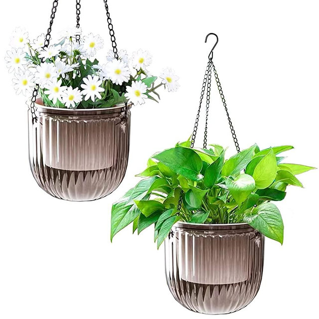 Melphoe 2 Pack Self Watering Hanging Planters Indoor Hanging Flower Pots, 6.5 Inch Outdoor Hanging Plant Pot Basket, Plant Hanger with 3Hooks Drainage Holes for Garden Home (Gray)