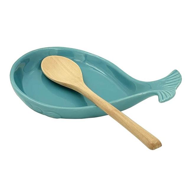 Ceramic Spoon Rest with Wooden Spoon, Whale Shape 4.8W X 7.8L