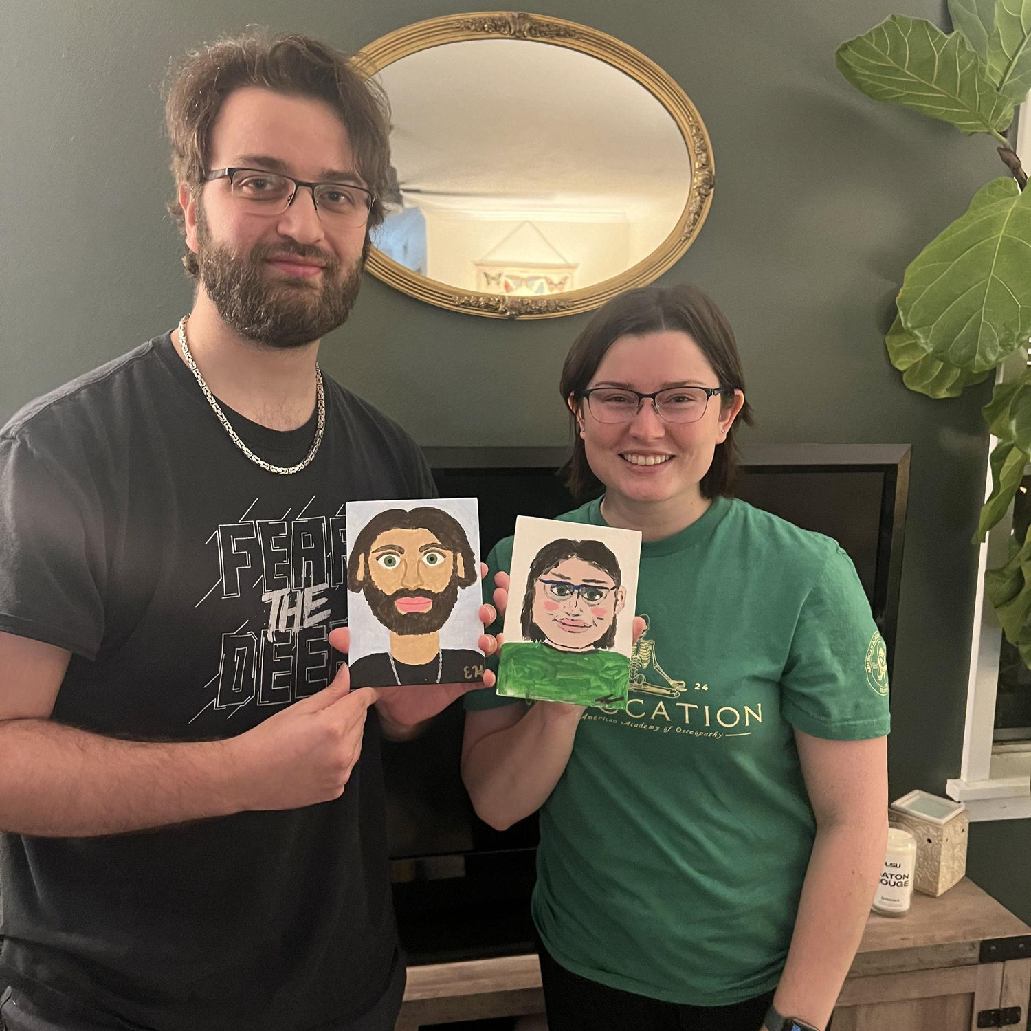 Craft night with our friends, painting portraits of each other